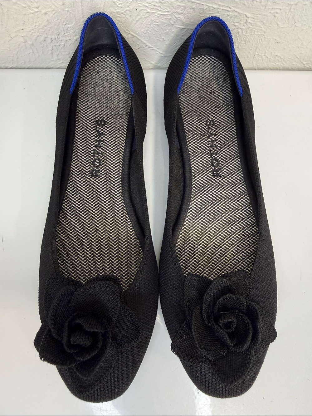 Rothy’s Black Rosette Flower Ballet Flats Size 8